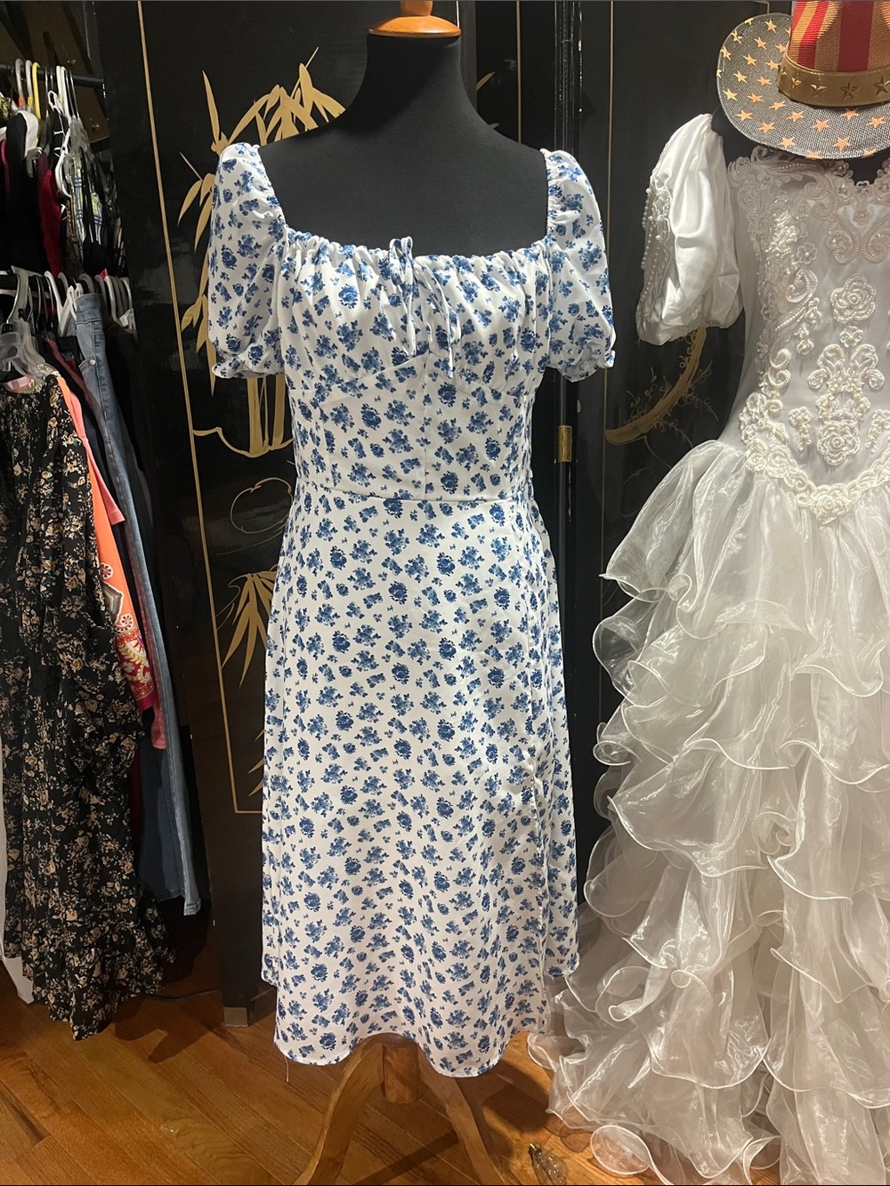 SHEIN White Midi Dress with Blue Floral Print